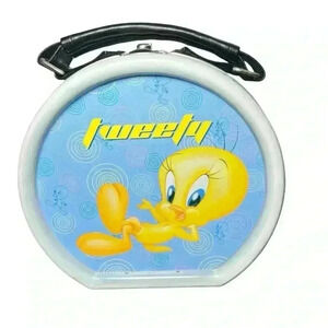 Vintage Looney Tunes Classic Tweety Drum Tin Tote Leather Handle & Latch Closure